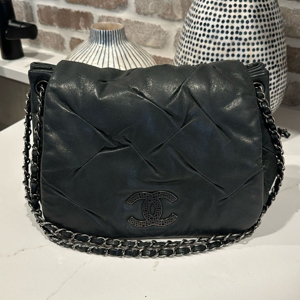 Chanel Handbag, black iridescent leather.  Silver hardware.  Authentic